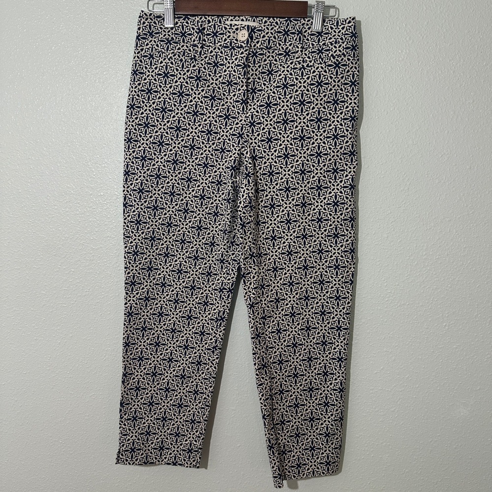 Talbots Petite Navy White Geometric Tile Print Ankle Pants 6P Stretch Cotton